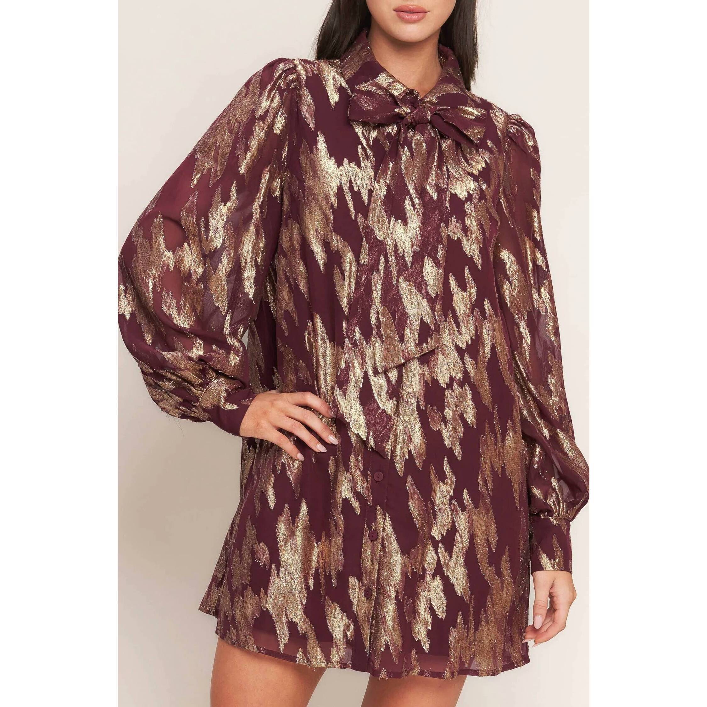 New Flying Tomato Muse Metallic Print Long Sleeve Collared Mini Dress In Burgund — image 6 of 8
